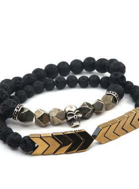 原创天然火山石骷髅箭头情侣手链