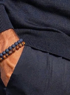 Pohier虎眼黑玛瑙火山石情侣手链