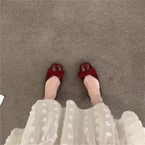 气质小方头豆豆鞋蝴蝶结通勤百搭软底软面浅口单鞋女裸色平底鞋