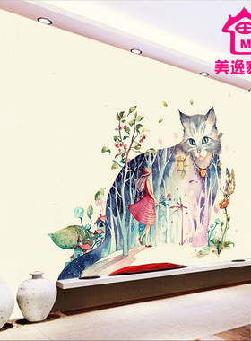 美逸家壁画手绘猫女郎艺术抽象欧式无缝壁画 电视背景墙 影视墙画