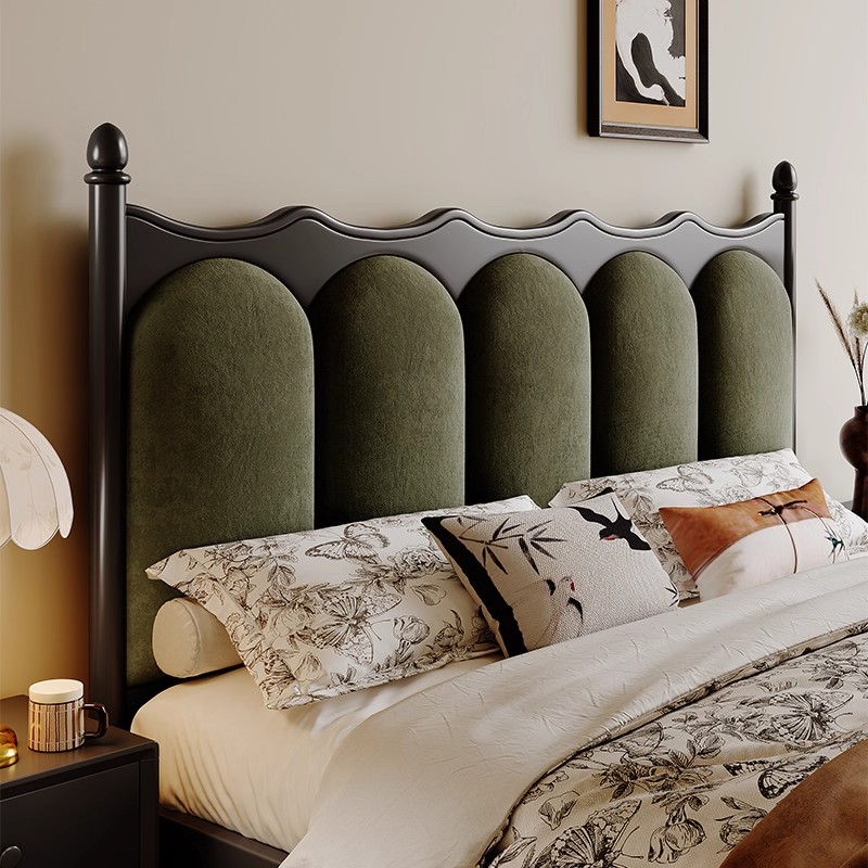 法式复古胡桃木实木床1.8米双人床主卧床中古风床绿色绒布储物床