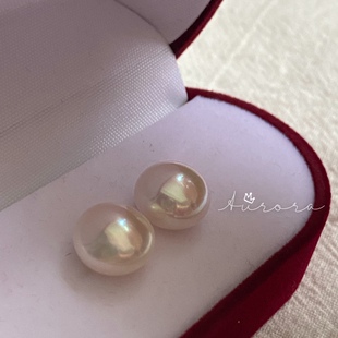 天然6a极光仙女大馒头珍珠耳钉耳夹 13mm 国货之光镜面珍珠耳饰9