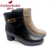 富贵鸟女鞋 真皮靴中年加绒 粗跟商场同款 女士短靴女靴子冬季 新款