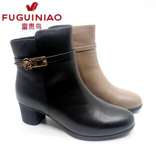 粗跟商场同款 新款 真皮靴中年加绒 女士短靴女靴子冬季 富贵鸟女鞋