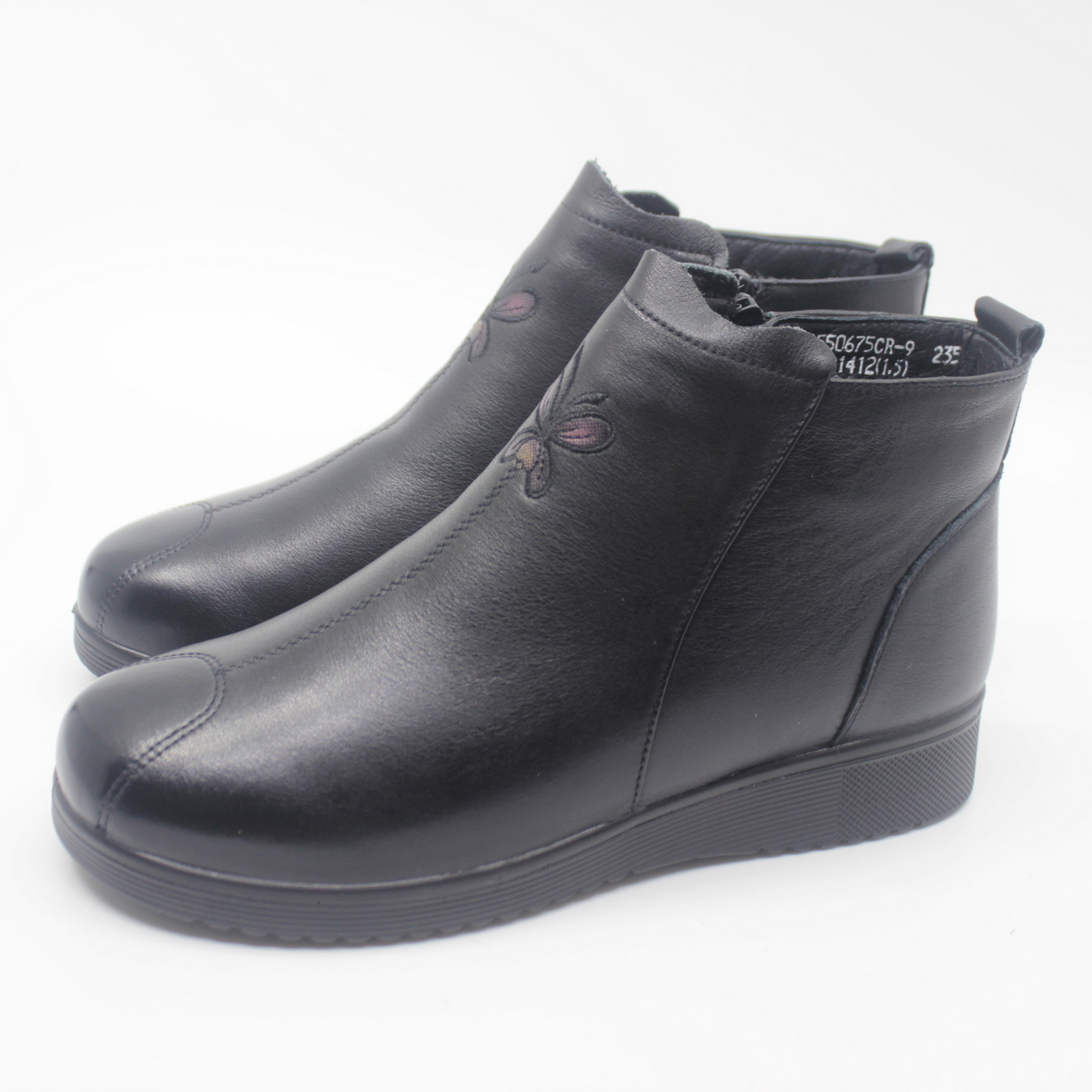 富贵鸟短靴2025冬新款侧拉链保暖绒里牛皮矮跟妈妈鞋G550675CR-9