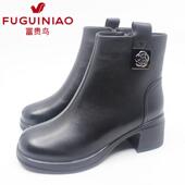 富贵鸟短靴2024冬新款 侧拉链绒里牛皮粗跟女靴子G4ZJ288CC