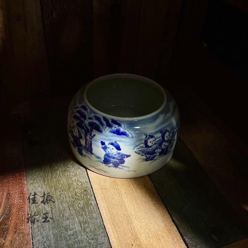 振玉佳珍|青花童子九童雪景婴戏图茶器水洗  高度9cm容量600ml