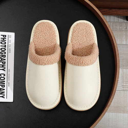 秋冬季保暖牛皮居家静音棉拖鞋