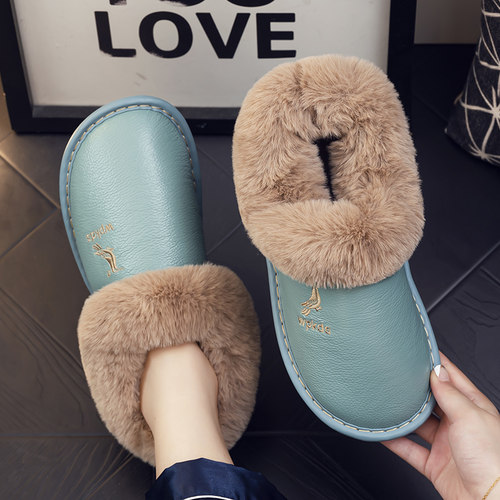 牛皮居家棉拖鞋冬季防水带后跟