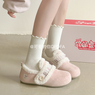 可爱的你保暖二棉鞋小白鞋女2025新款冬季一脚蹬加绒勃肯鞋毛毛鞋