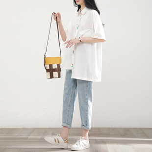 新款 白色明线短袖 女2024夏季 韩版 衬衫 polo领气质休闲显瘦衬衣上衣