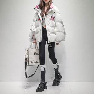 久拉拉 白色拼接立领羽绒服女短款2025冬季新款白鹅绒加厚短外套