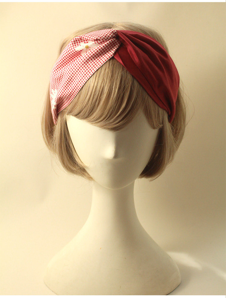 荔枝星球/春夏千鸟格枣红拼色弹力加宽发带饰品洗脸头巾优雅复古