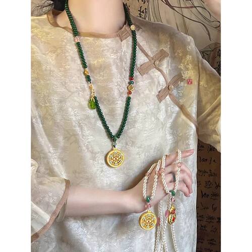新中式复古圆牌串珠项链女马面裙汉服旗袍毛衣链古风民族风配饰品