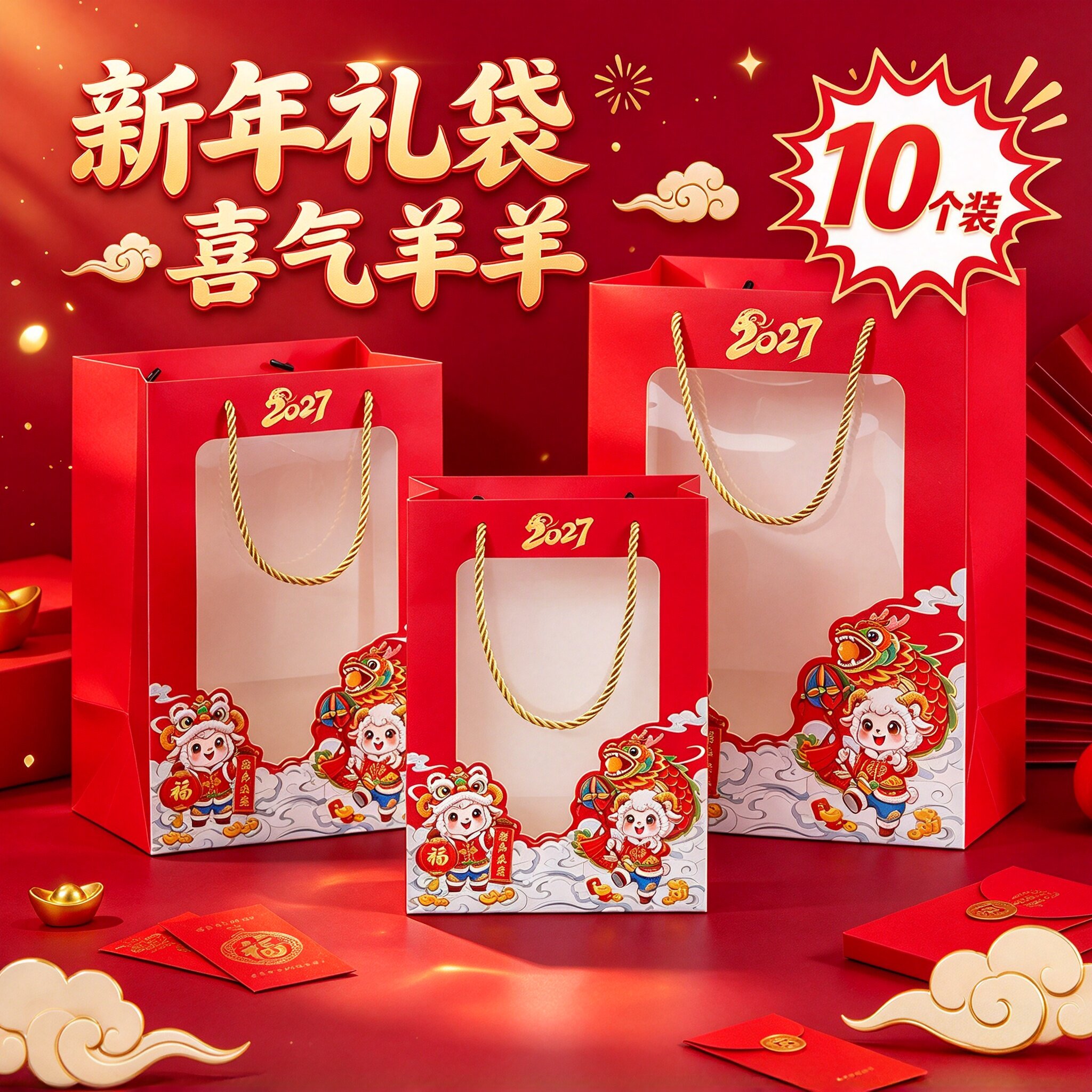 2027新年开窗手提袋玩偶袋羊年礼品袋高级感年会纸袋元旦伴手礼袋