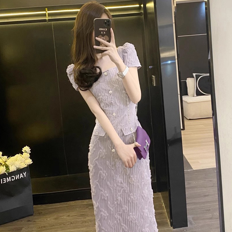 微胖大码女装夏季气质小香风胖妹妹遮肚子显瘦中长款紫色连衣裙子