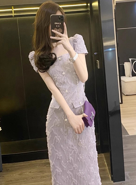 微胖大码女装夏季气质小香风胖妹妹遮肚子显瘦中长款紫色连衣裙子