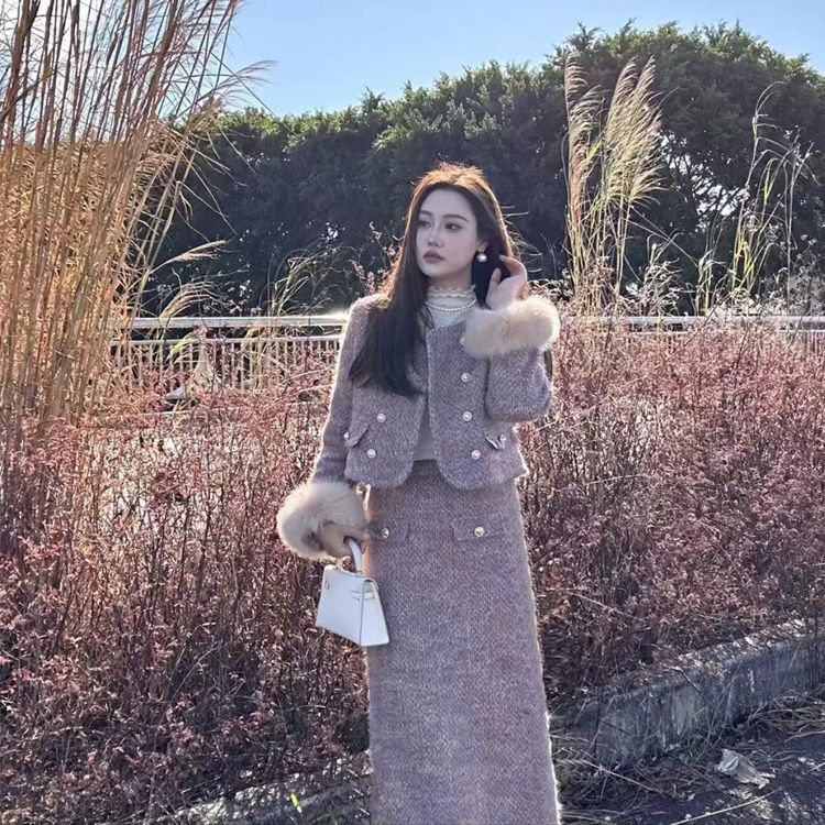 微胖羽绒小香风毛呢外套套装