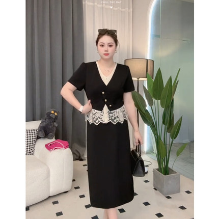 大码女装气质短袖蕾丝拼接上衣+高腰半身裙显瘦胖mm通勤两件套夏