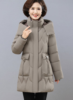 可拆卸帽新款棉袄女妈妈装时尚减龄中长款棉服中老年加厚棉袄外套