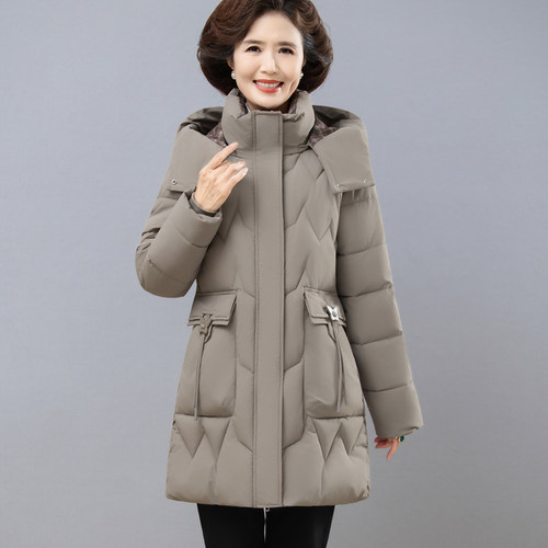 可拆卸帽新款棉袄女妈妈装时尚减龄中长款棉服中老年加厚棉袄外套