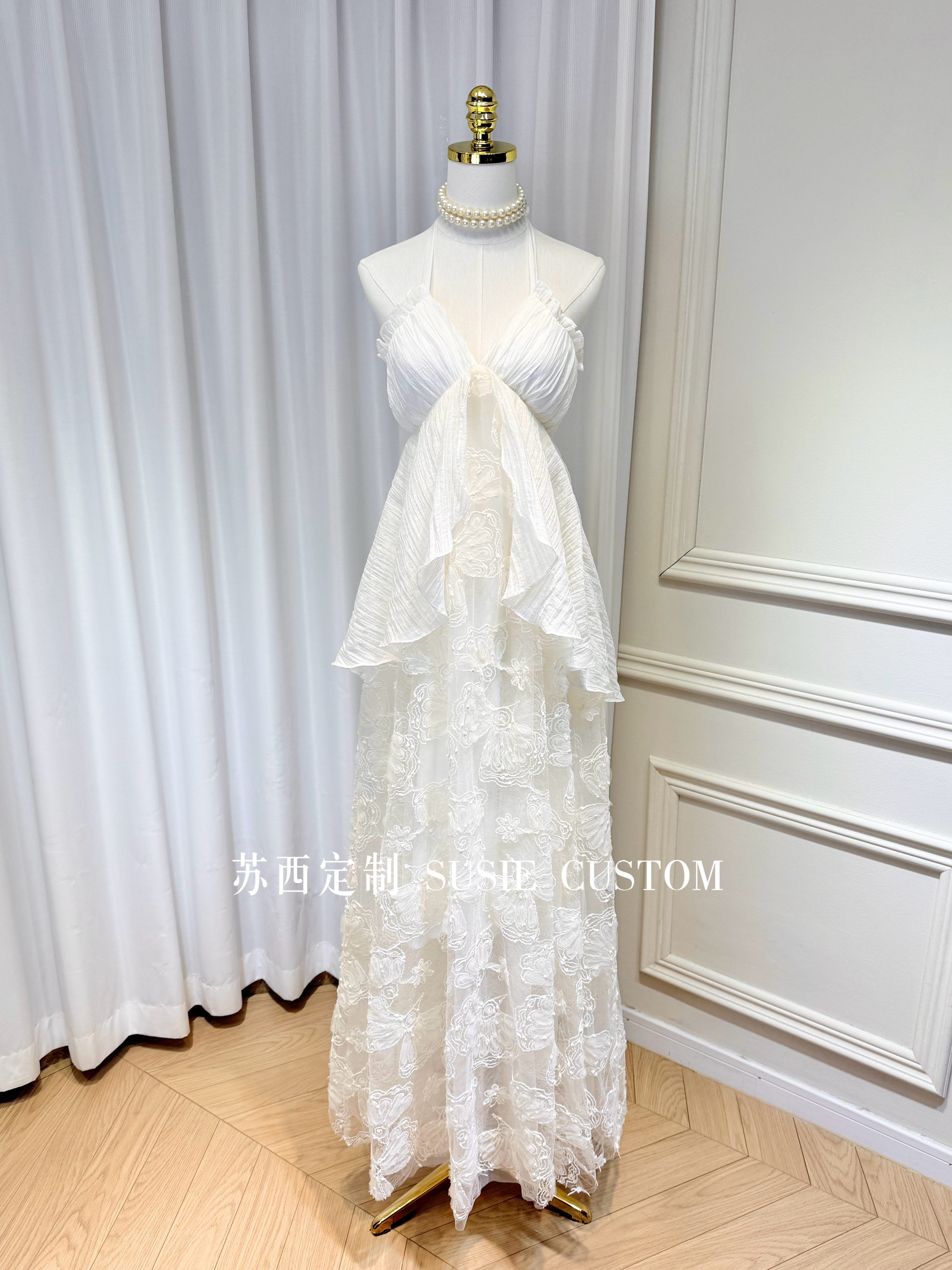 高定仙女款挂脖带胸垫V领盘花网纱大露背绑带吊带长裙度假连衣裙