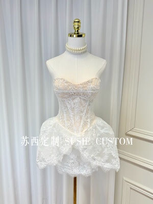 高定越南小众带胸垫刺绣蕾丝花鱼骨收腰立体花苞短裙生日礼服裙