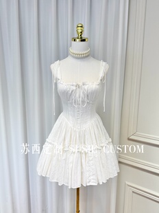 高定法式公主甜妹绑带抹胸刺绣花收腰蓬蓬裙短裙小个子生日礼服裙