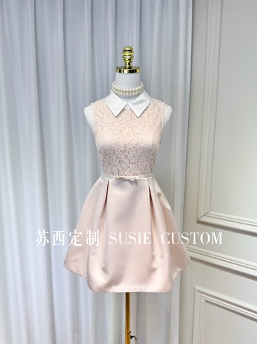 高定小众甜妹小白翻领蕾丝蝴蝶结收腰A摆蓬蓬裙成人礼生日礼服裙