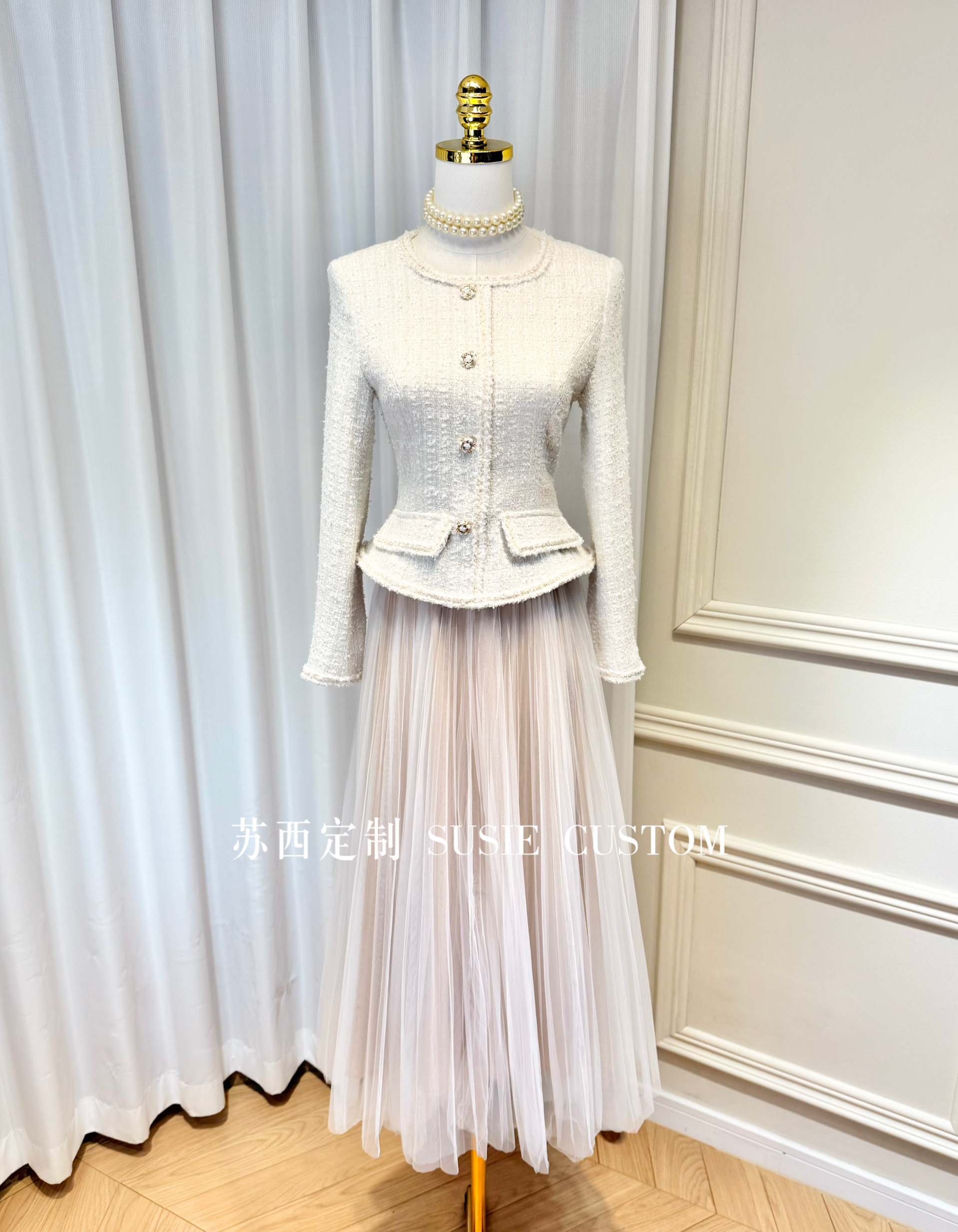 高定制显气质小香风粗花呢口袋上衣拼接百褶长纱裙加两件连衣裙