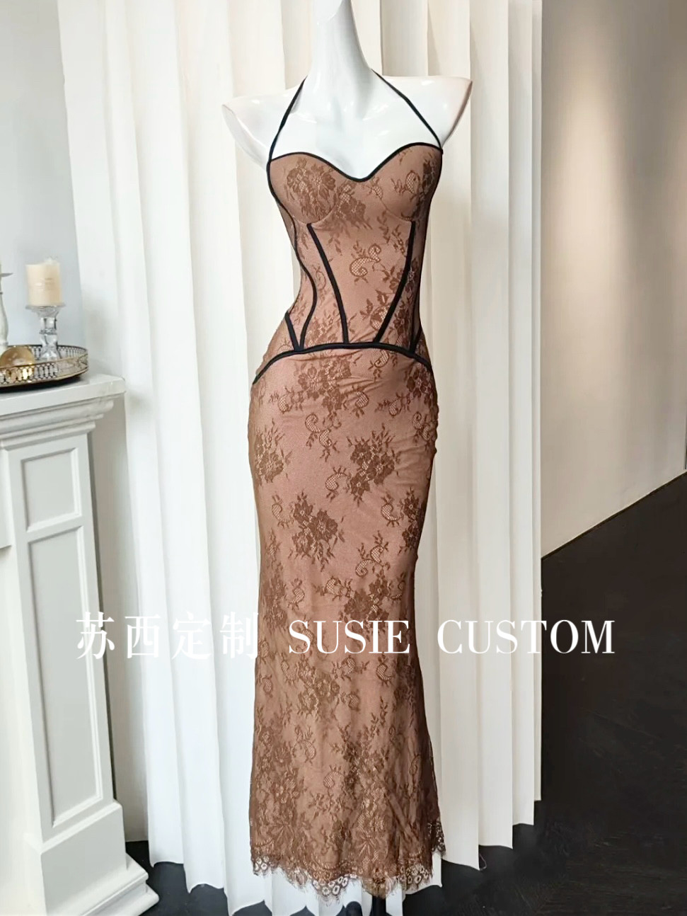 高定小众设计款纯欲风显身材挂脖胸垫蕾丝拼接露背包臀鱼尾连衣裙,女装/女士精品,连衣裙,淘宝优惠券,粉丝福利购,淘宝优惠卷