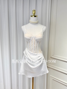 高定设计款法式纯欲带胸垫蕾丝鱼骨束腰拼接褶皱缎面生日小礼服裙