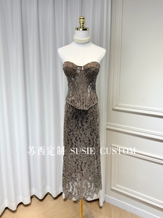 定制法式复古纯欲风植绒蕾丝抹胸鱼骨收腰上衣高腰包臀半身中长裙