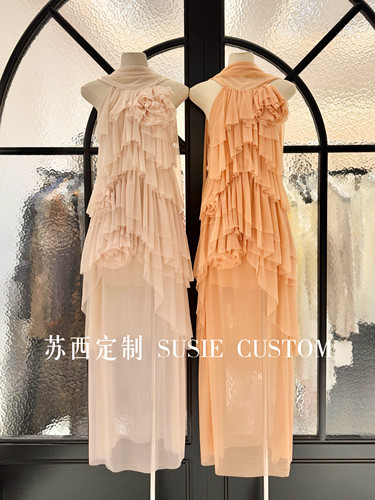 高定设计款仙女裙蛋糕荷叶边裁剪立体大花朵微透飘逸度假礼服长裙