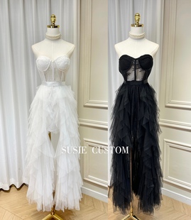 显身材纯欲带胸垫网纱鱼骨蕾丝抹胸高腰开叉不规则蛋糕长纱裙礼服