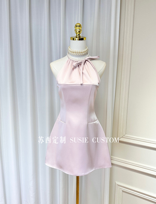 温柔公主串珠挂脖蝴蝶结露肩显瘦收腰A摆缎面礼服裙成人礼生日裙