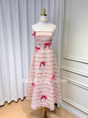 高定小众设计款小香粗花呢串珠立体蝴蝶结撞色条纹抹胸长裙礼服裙
