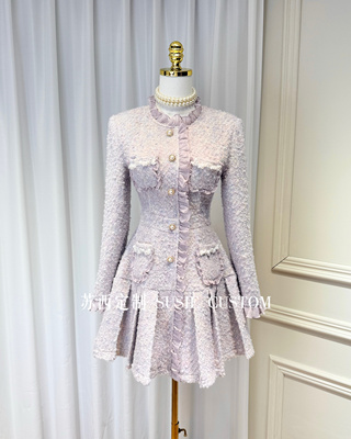 高定法式公主款甜妹木耳边垫肩串珠口袋收腰百褶A摆粗花呢连衣裙