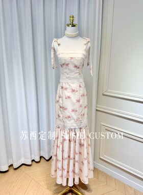 定制设计款法式复古碎花抹胸收腰褶皱小A摆度假生日聚会礼服裙