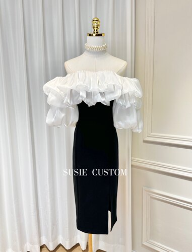 高定气质一字肩露肩立体荷叶边光泽泡泡袖拼接修身包臀开叉礼服裙