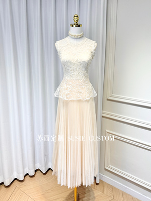 高定法式温柔气质微透蕾丝花边无袖背心收腰拼接百褶长纱裙连衣裙