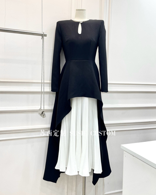 高定小众设计正式场合法式气质显瘦无袖背心拼接黑白撞色百褶长裙