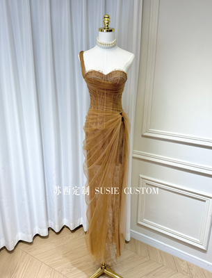 高定制高版本小众设计款鱼骨带胸垫单肩网纱拼接蕾丝开叉拖地长裙