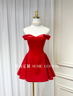 高定制梦玲同款一字肩红色抹胸连衣裙法式气质名媛生日宴会礼服裙