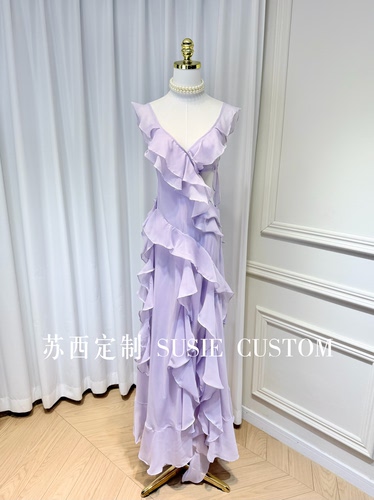 高定设计款纯欲风显身材V领露背荷叶边收腰大摆生日礼服裙沙滩裙