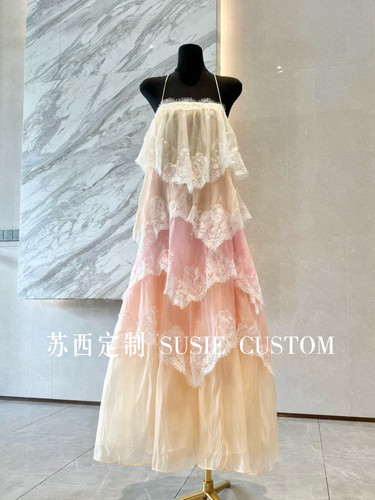 高定设计款仙女风蕾丝花边抹胸绑带渐变色A摆荷叶蛋糕长裙度假裙