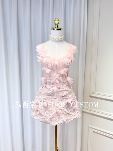 高定小众设计款仙女立体蝴蝶花朵收腰A摆蕾丝吊带短裙生日礼服裙