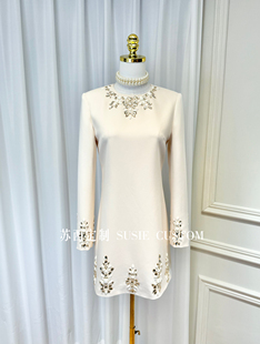 高定制轻奢显气质不规则手工缝制水钻花朵小A字连衣裙