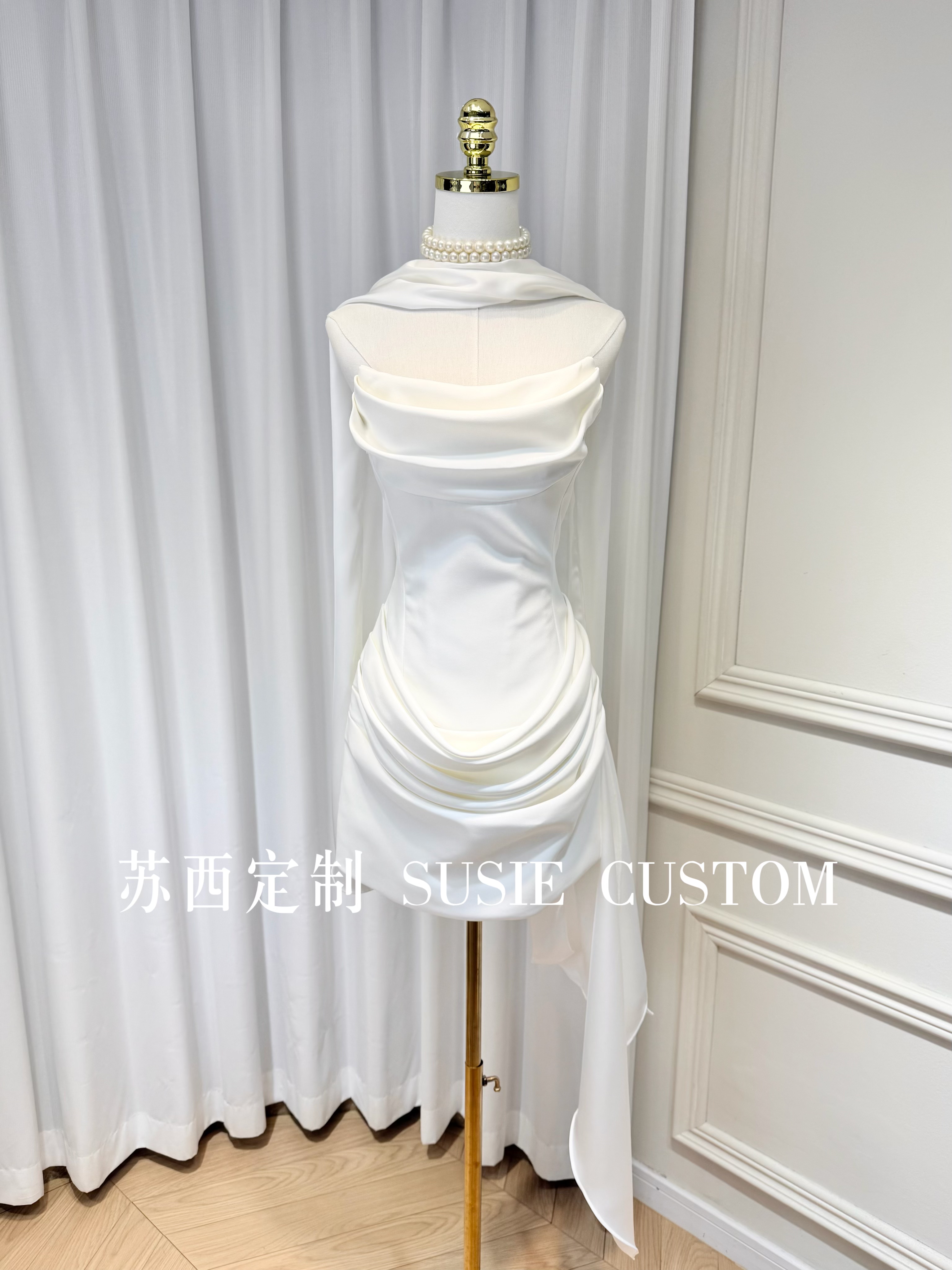 高定设计款法式纯欲抹胸鱼骨收腰褶皱飘带包臀裙生日礼服裙配围脖