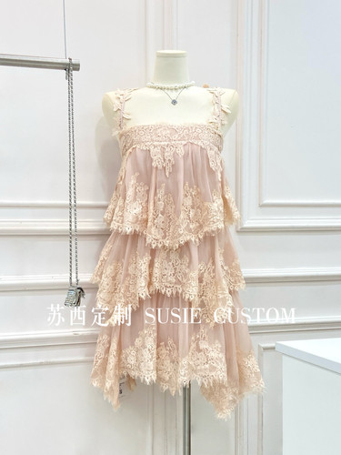 仙女水溶蕾丝吊带绑带抹胸不规则蓬蓬蛋糕A摆长裙旅游度假连衣裙